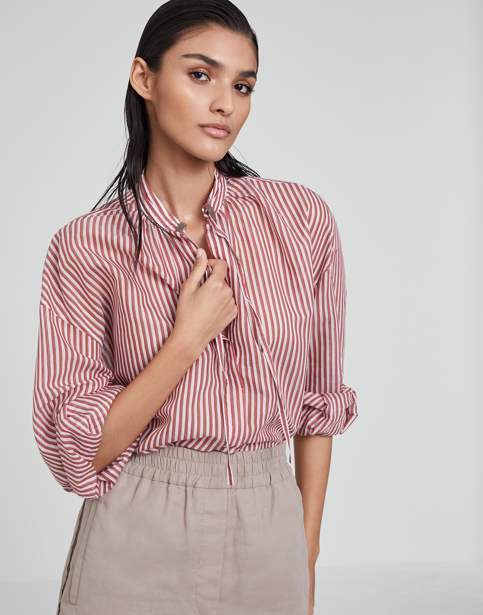 Sparkling cotton and silk striped shirt with shiny details - 4