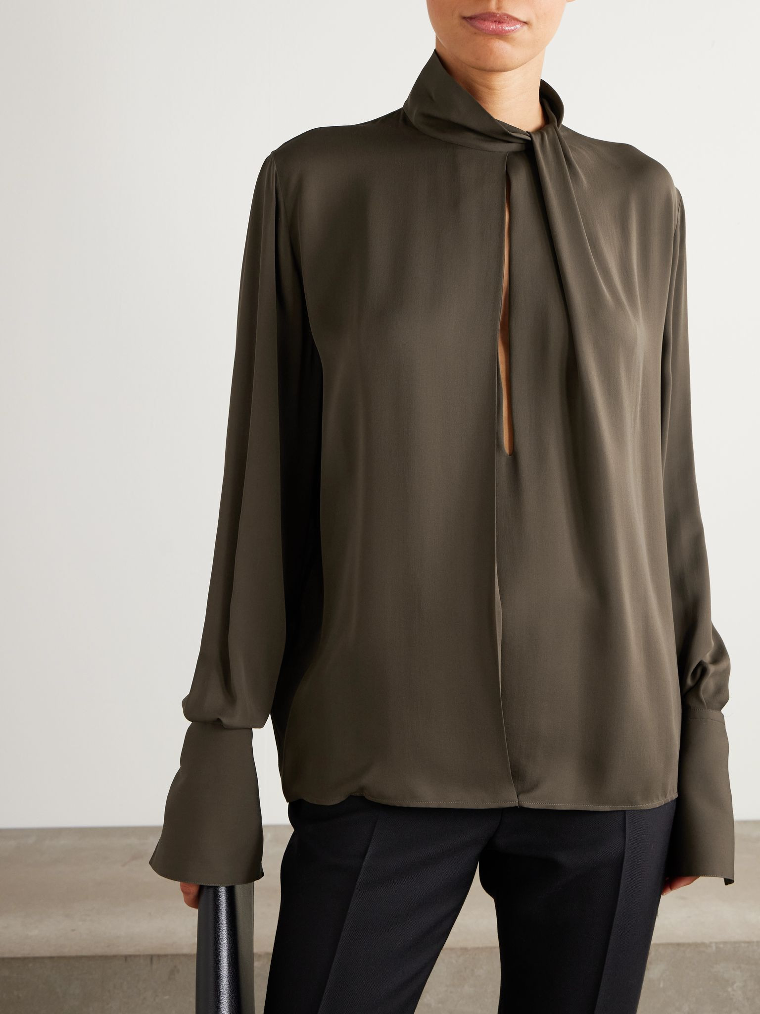 Cutout draped pleated silk-georgette blouse Brown - 3