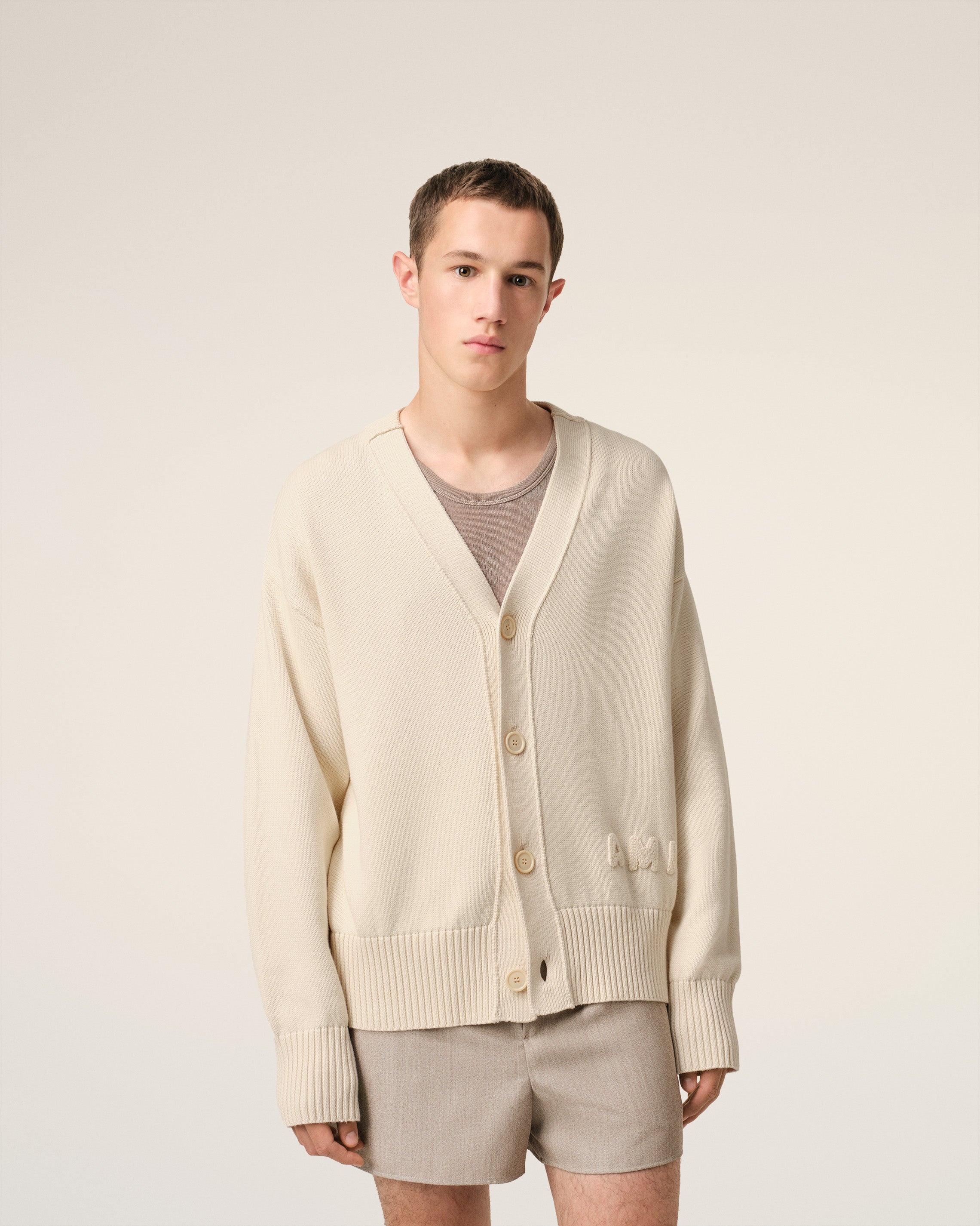 BEIGE COTTON WOOL AMI EMBROIDERED CARDIGAN - 3