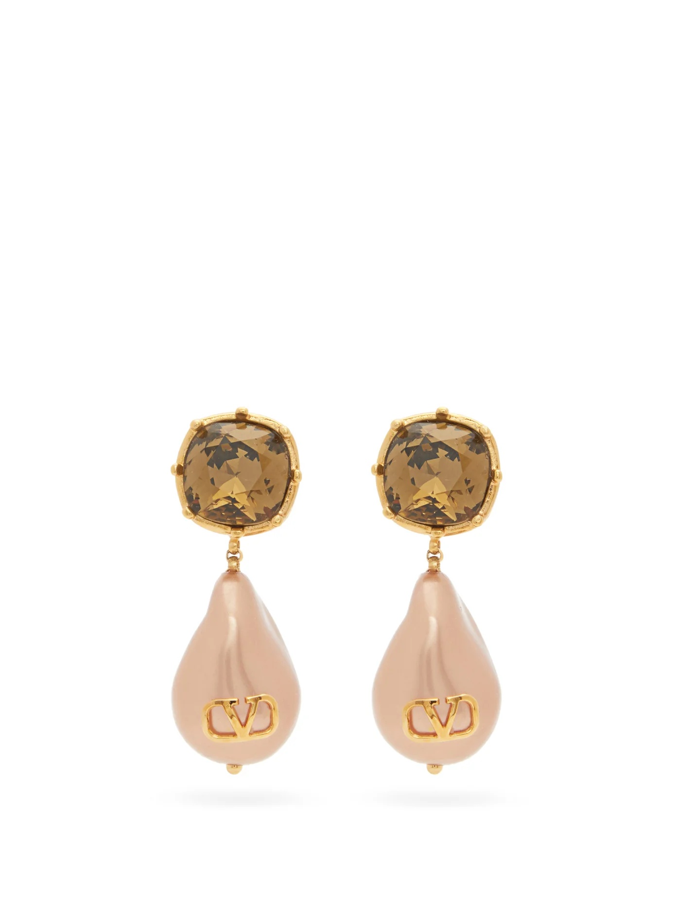 V-logo faux-pearl & crystal drop earrings - 1