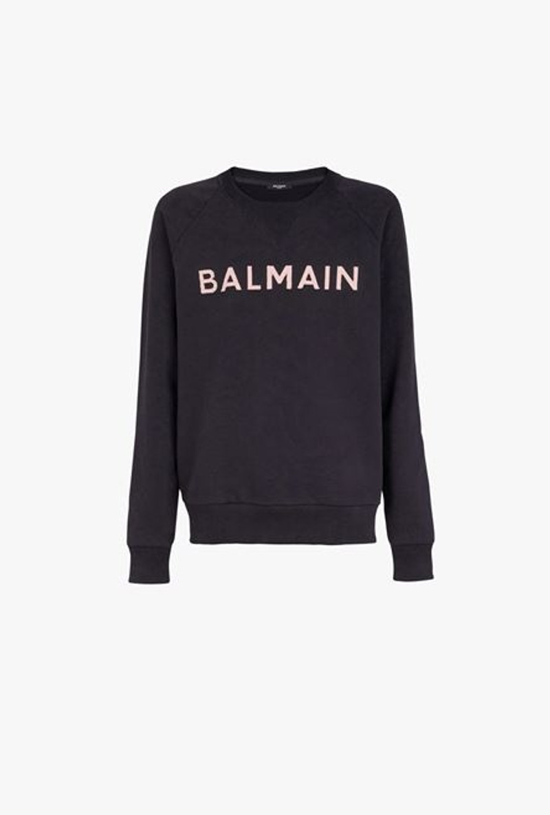 Dark navy blue eco-designed cotton sweatshirt with pale pink Balmain logo appliqué 1