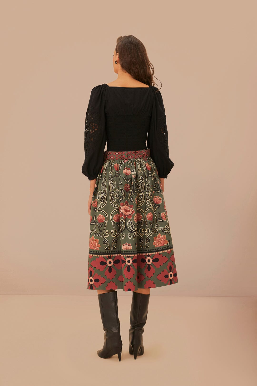 Arabesque Floral Green Buttons Midi Skirt - 3