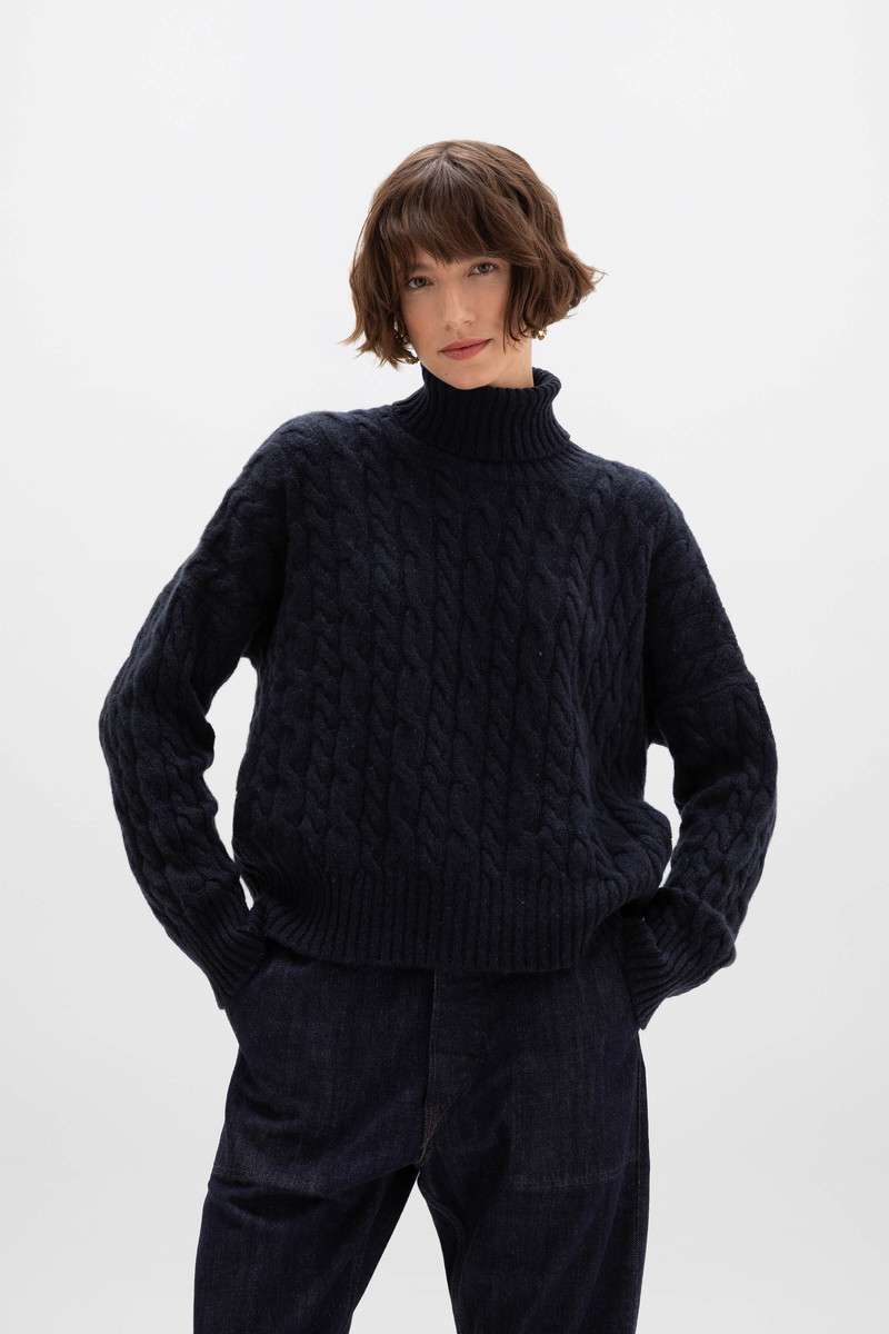 Johnstons of Elgin Donegal Cable Knit Cashmere Navy Roll Neck Jumper outlook