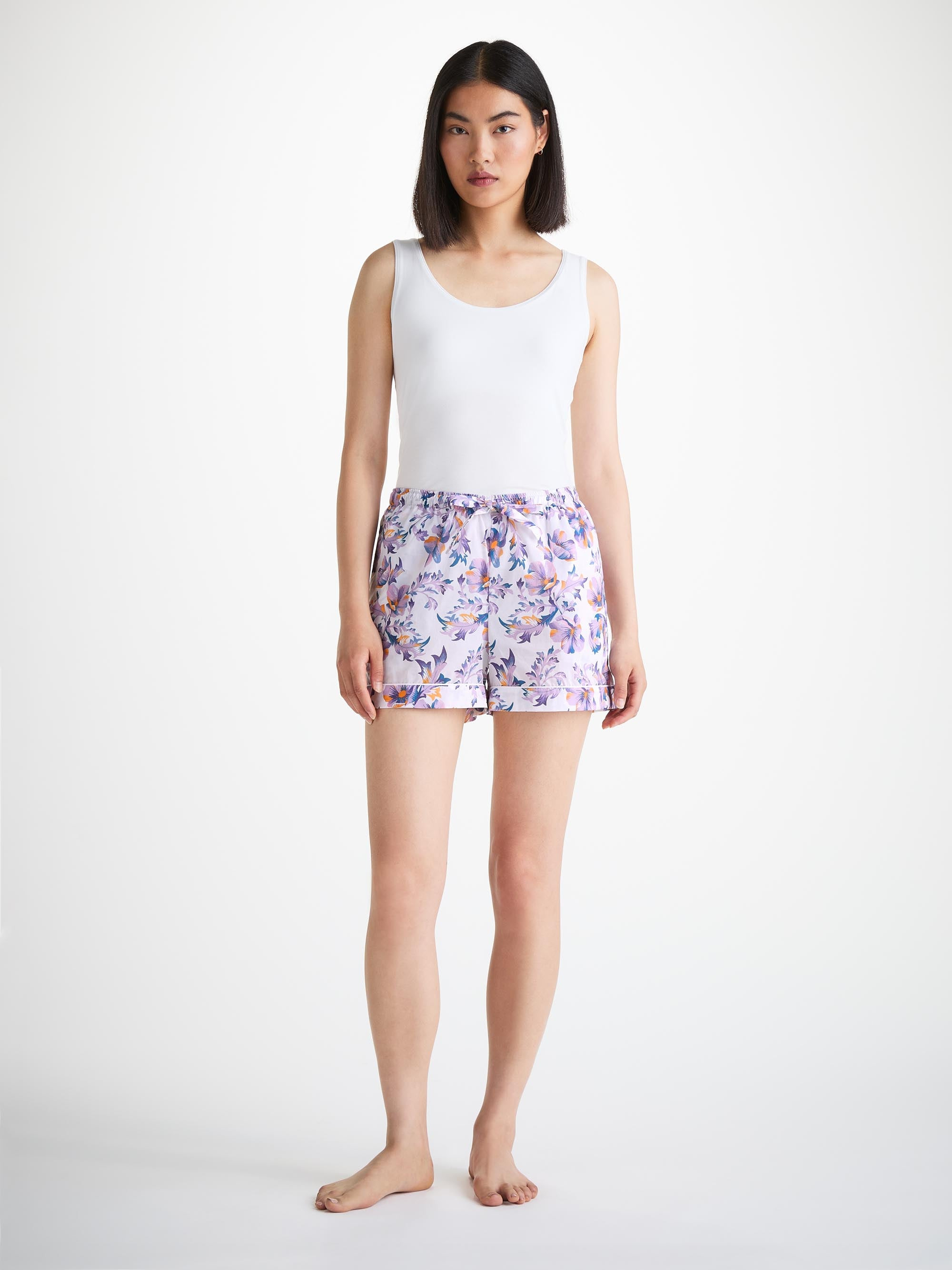 Women's Lounge Shorts Cotton Batiste White Wildflowers Print - 4