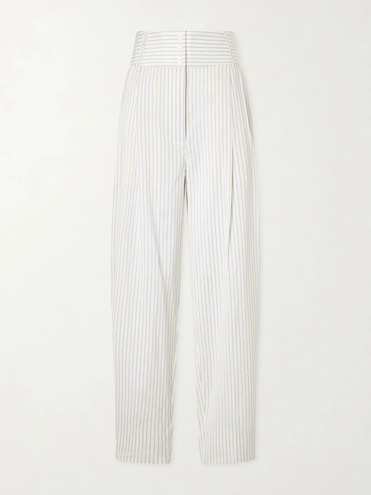 Pleated striped cotton and silk-blend straight-leg pants White - 1