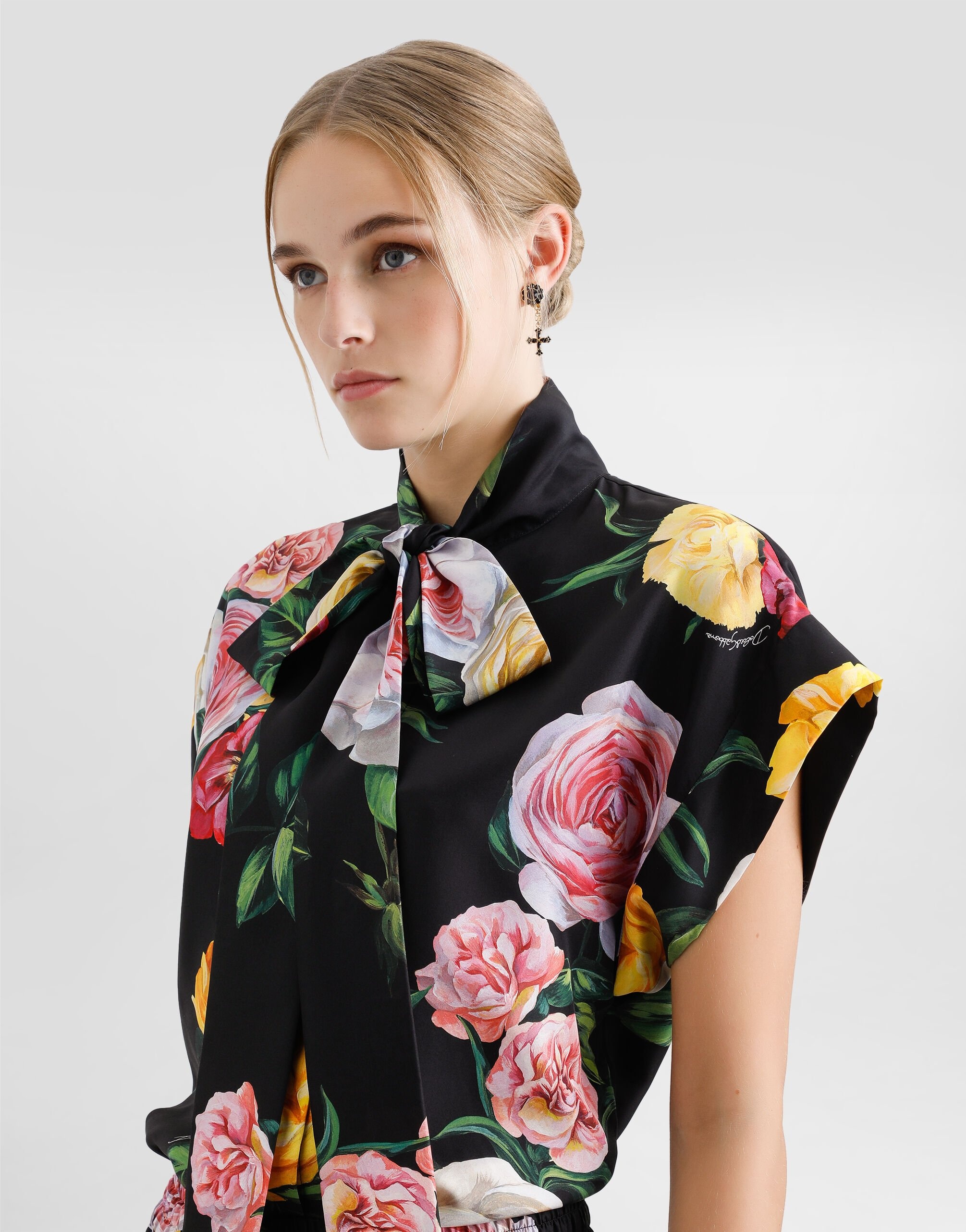 Silk habotai shirt with peony and rose print - 4