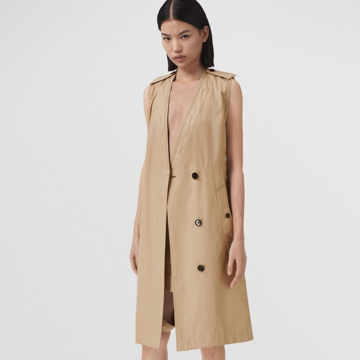 Sleeveless Cotton Gabardine V-neck Trench Dress - 6