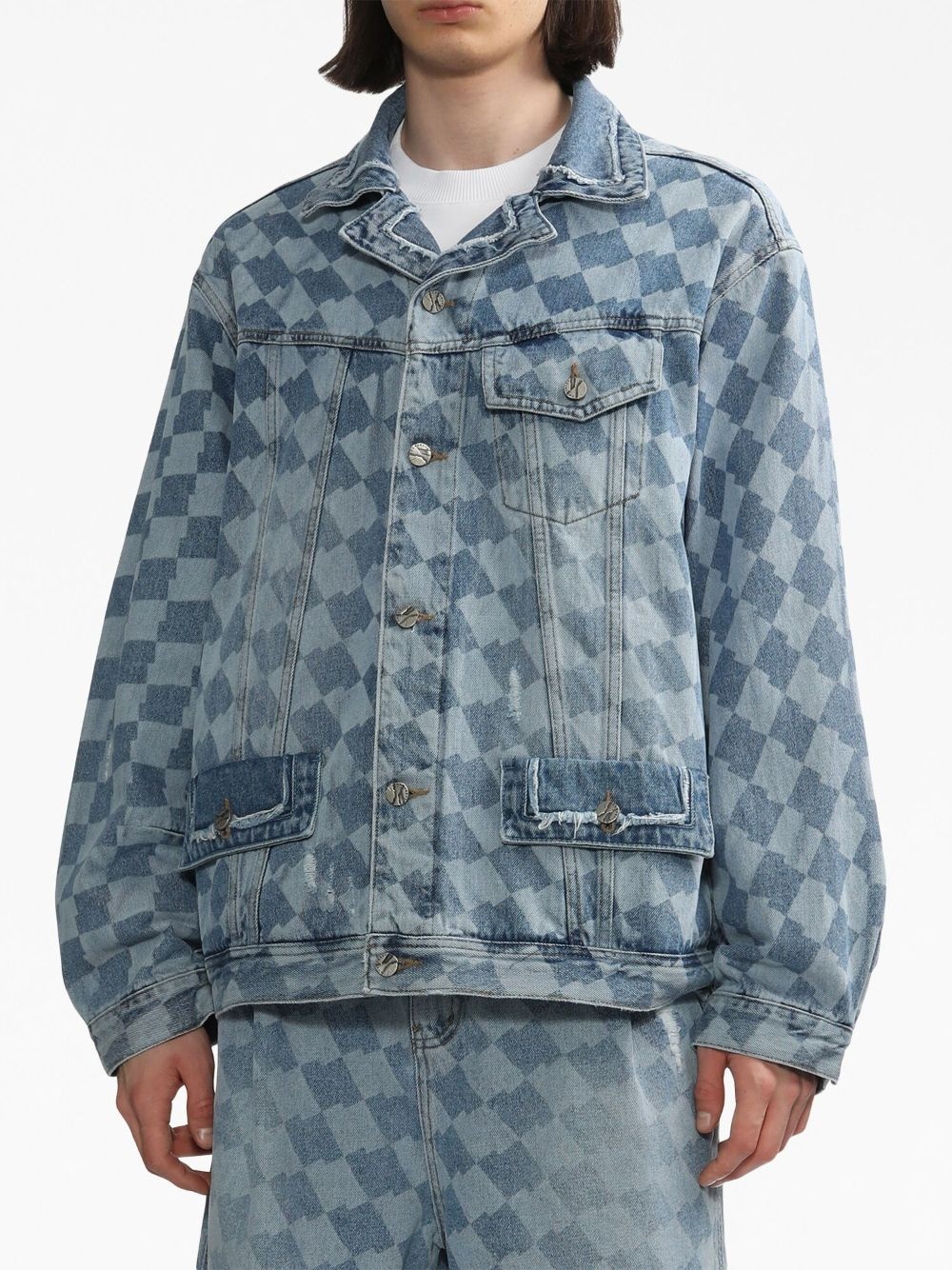 check-pattern denim jacket - 3