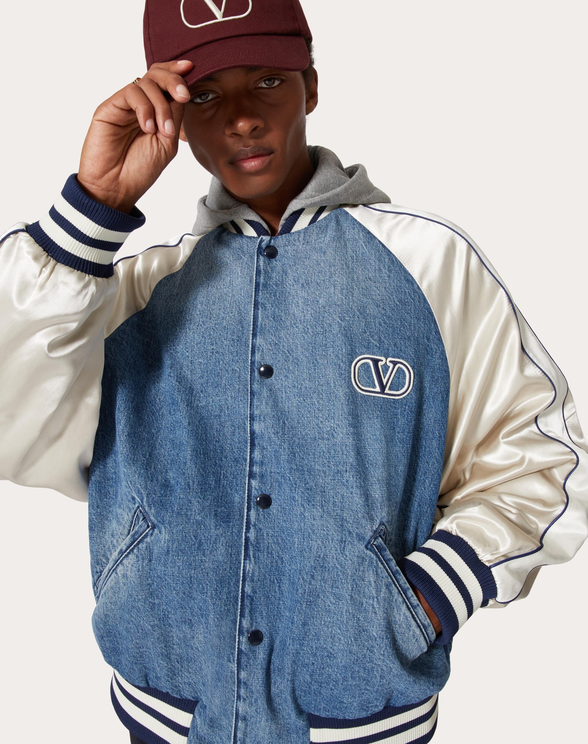 DENIM BOMBER JACKET WITH SATIN SLEEVES AND VLOGO SIGNATURE PATCH - 5