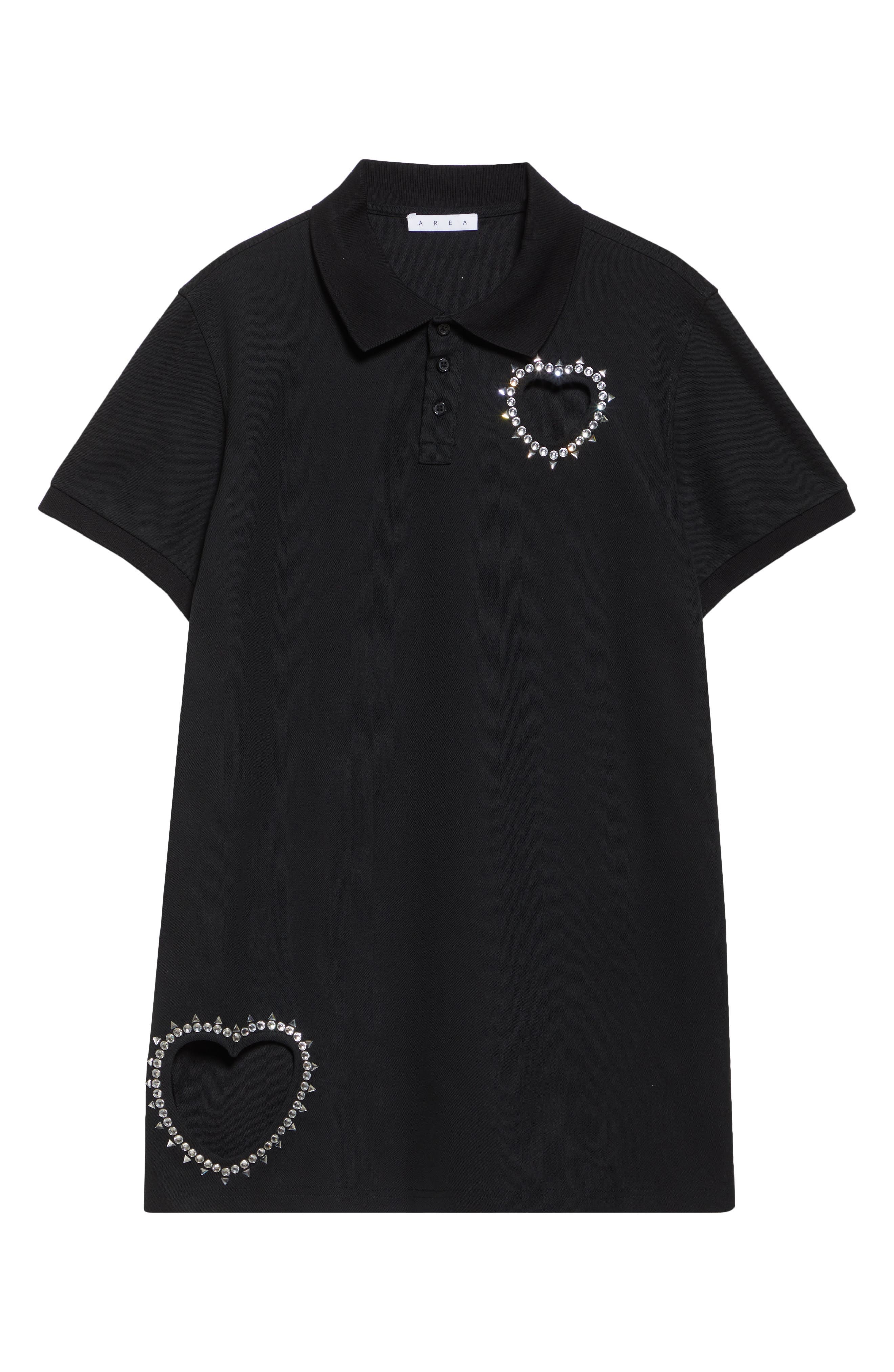 Area Crystal Trim Heart Cutout Cotton Piqué Polo Dress in Black at Nordstrom - 5