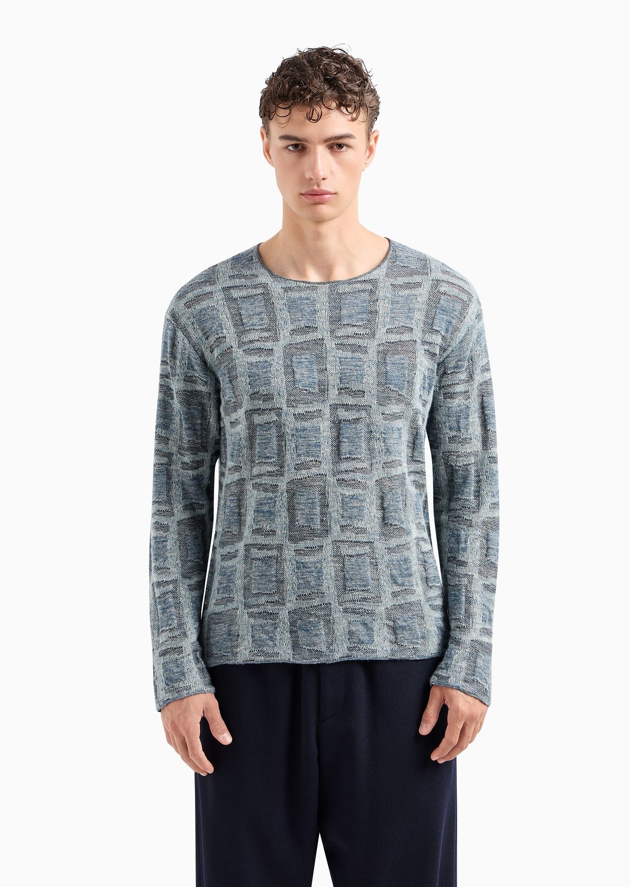 Jacquard linen and virgin-wool blend crew-neck jumper - 2