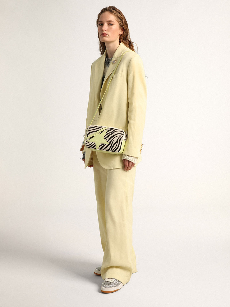 Golden Goose Star Bag in white and lime hammered leather with zebra-print pony skin insert and lime-colored leath outlook