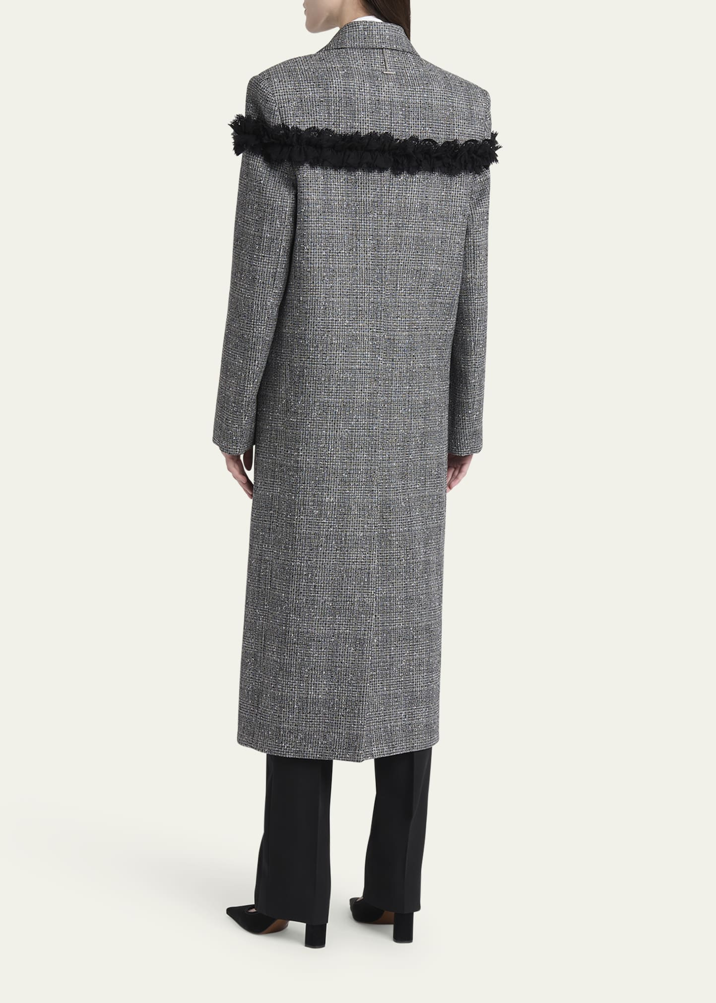 Ruffle Paillette Check Tweed Double-Breasted Long Coat - 3
