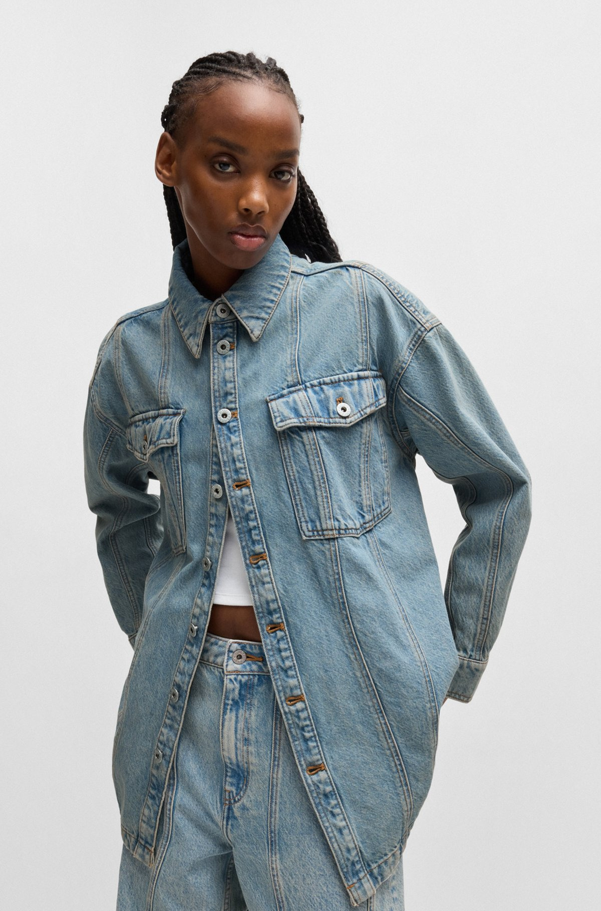LONG-LENGTH BLUE-DENIM SHIRT WITH PATCH POCKETS - 2