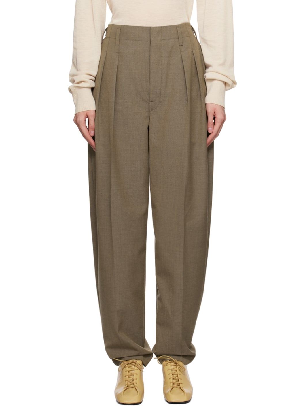 Taupe Pleated Tapered Trousers - 1