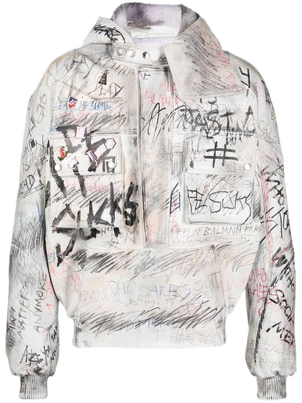 graffiti-print aviator leather jacket - 1