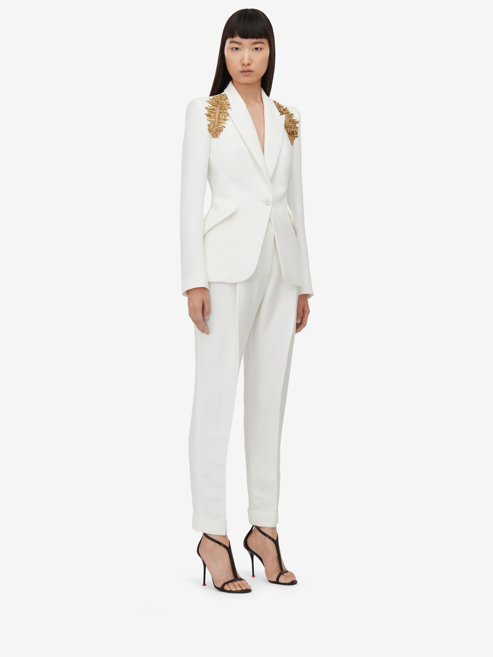 Women's Peak Shoulder Leaf Crepe Jacket in Light Ivory - 3