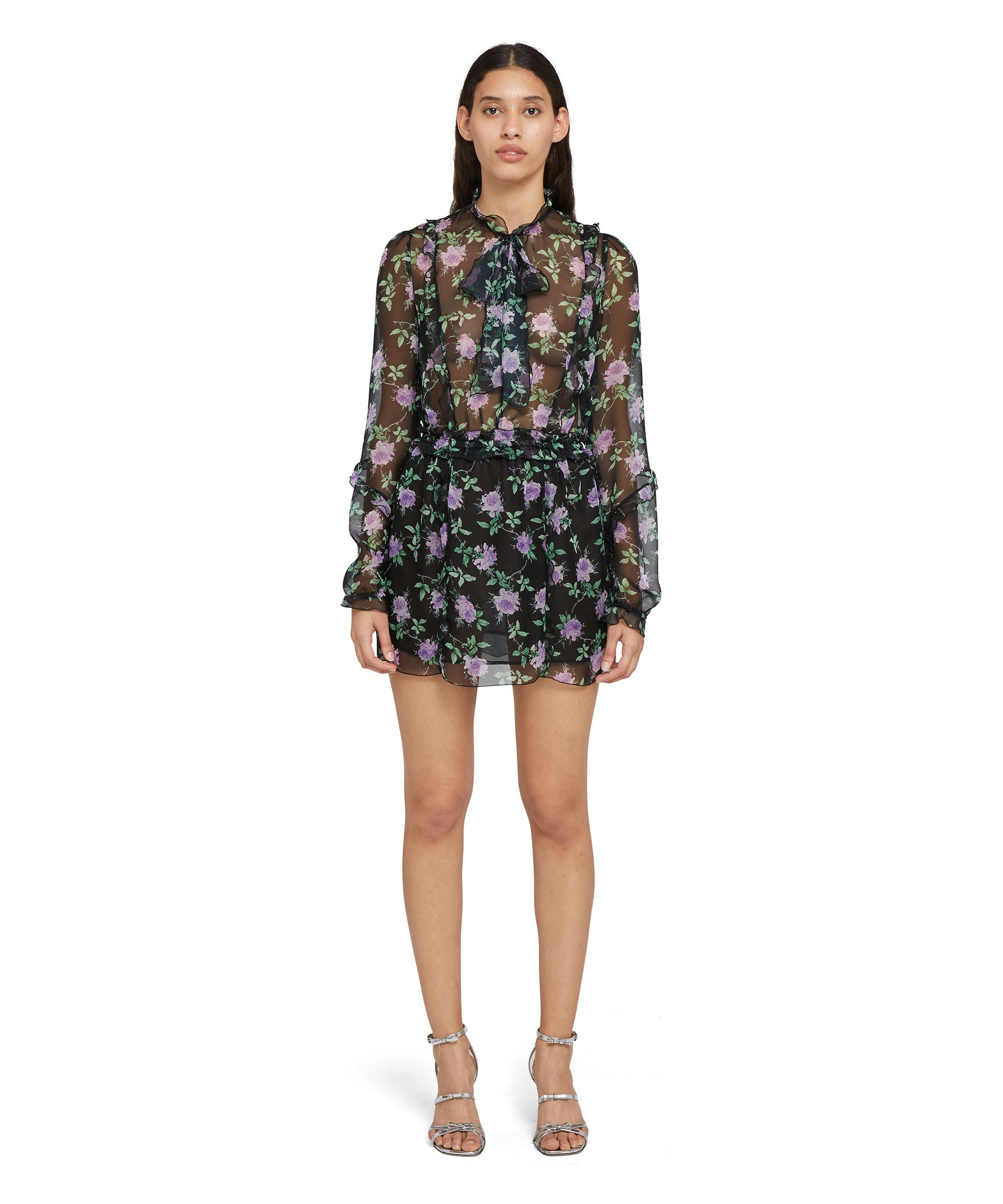 Poly chiffon mini dress with "rose bush" print - 1