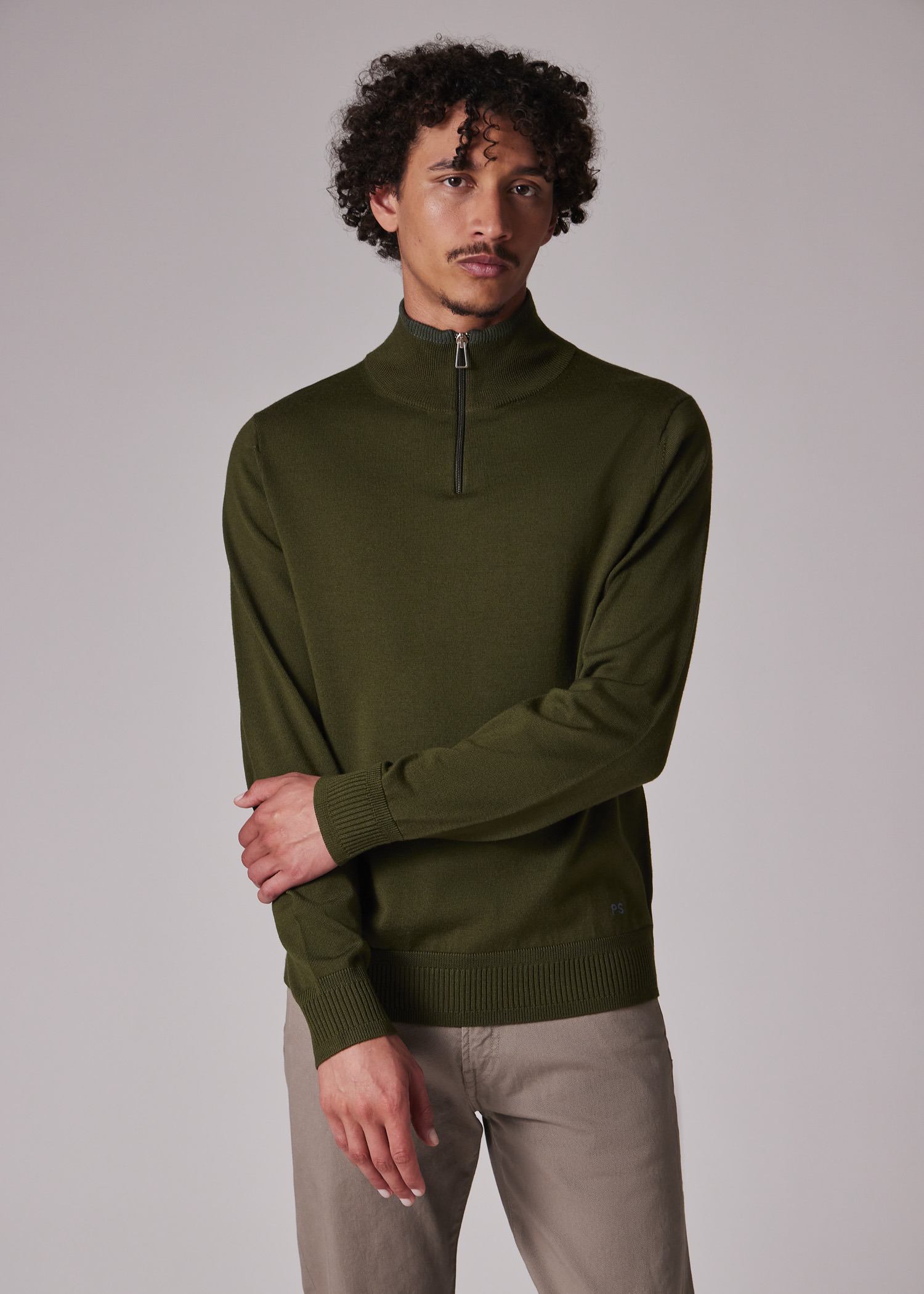 Khaki Merino Wool Half Zip Sweater - 4