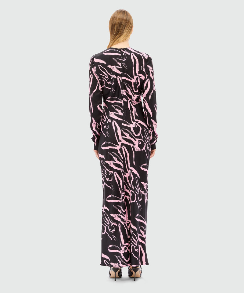 Long black crepe dress with "Sketched Bunnies" print 3