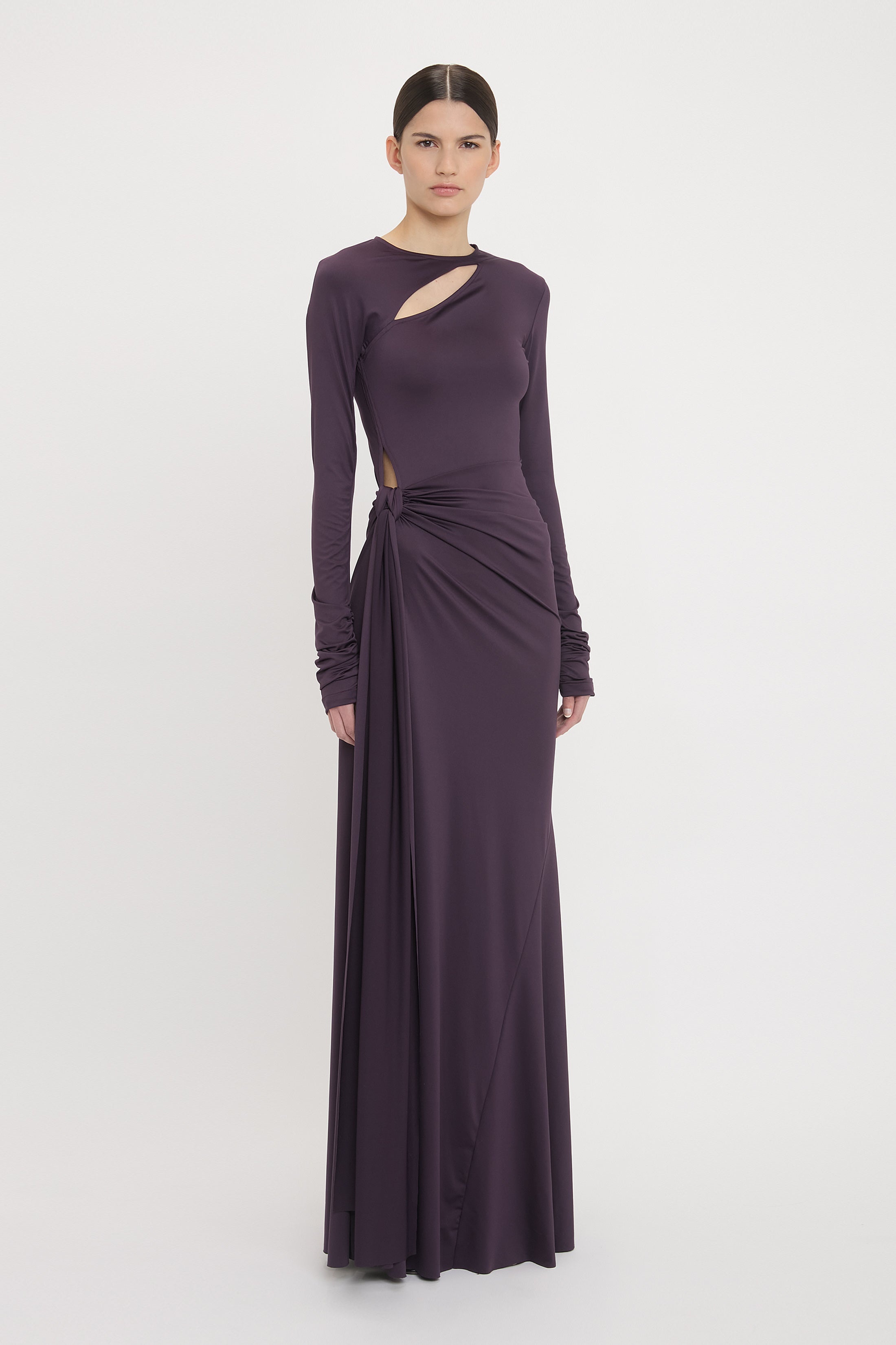 Long Sleeve Tie Front Gown In Fig - 3