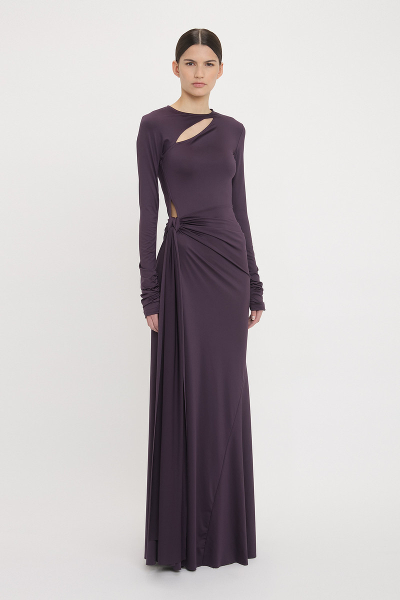 Long Sleeve Tie Front Gown In Fig 3