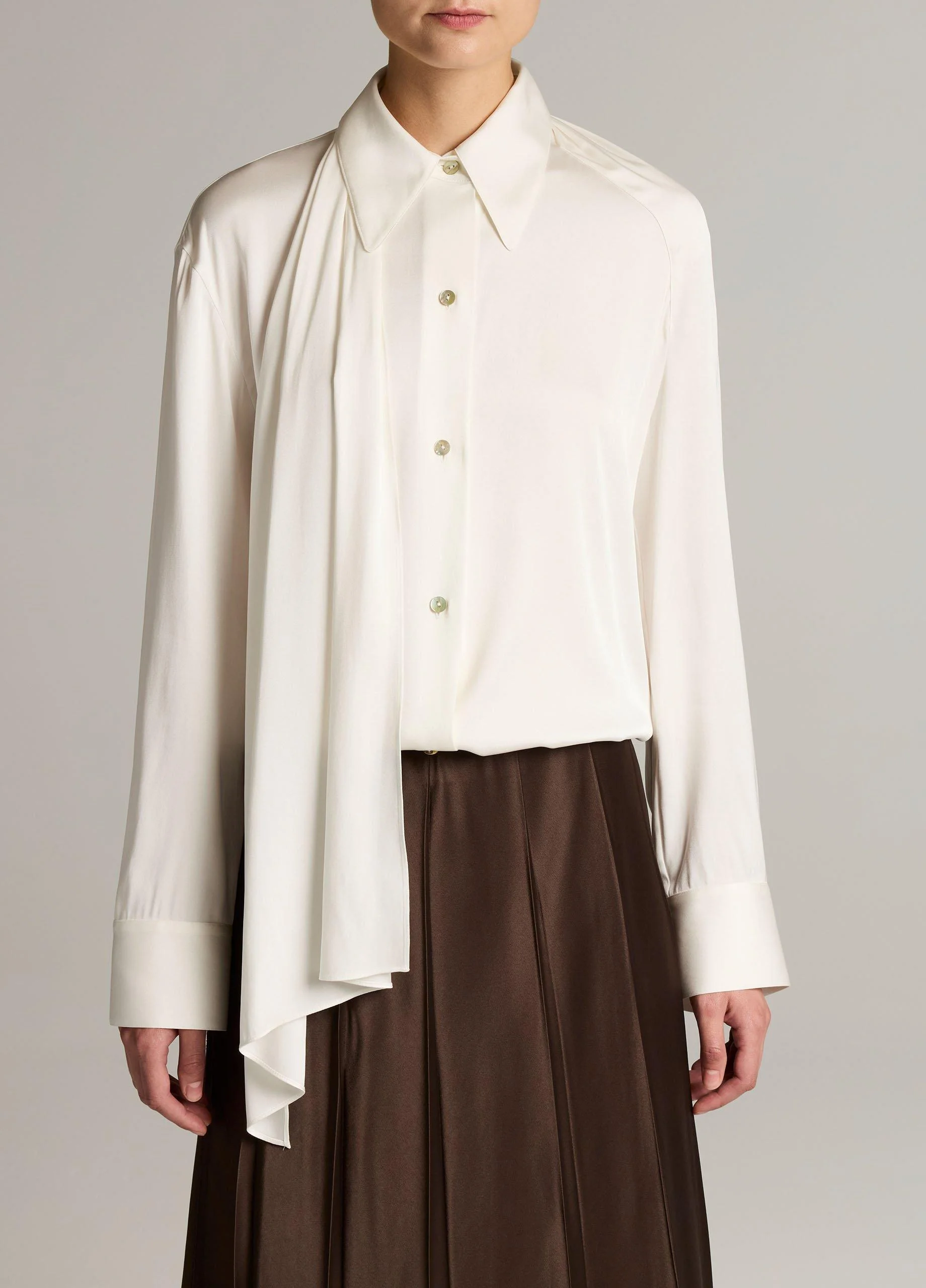 Silk-Blend Draped Scarf-Tie Button-Front Shirt - 1