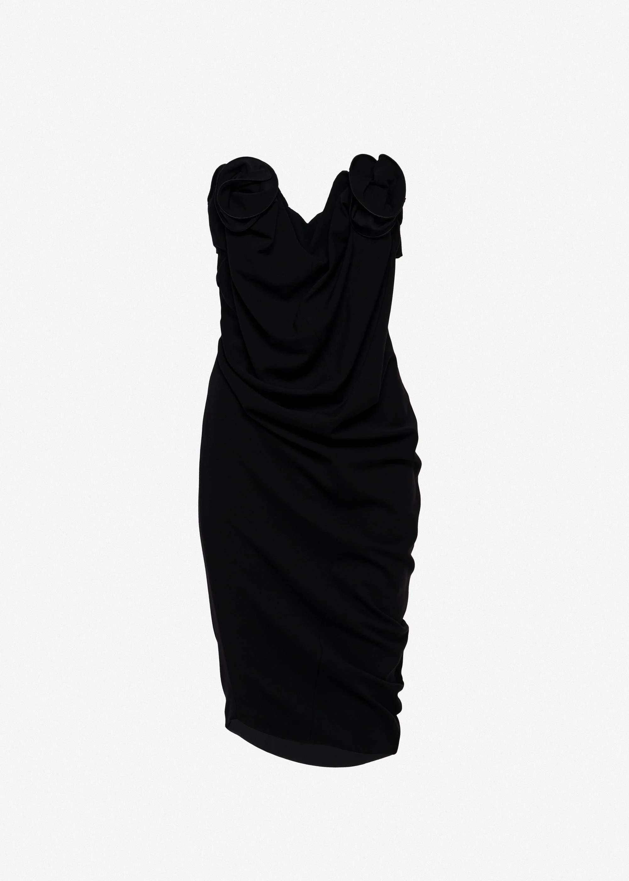 Strapless draped dress with sculptural floral detail in black - 1