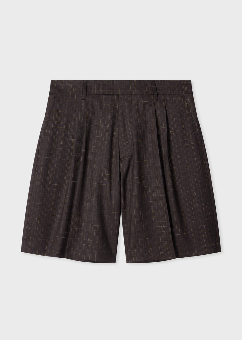 Aubergine Wool Check Pleated Shorts 1