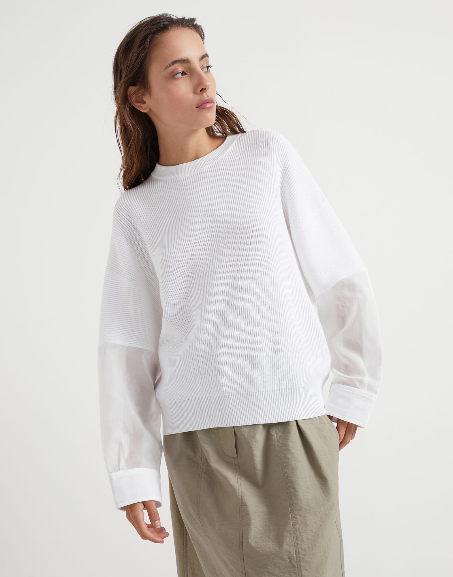 Cotton English rib knit sweater with organza sleeves - 1