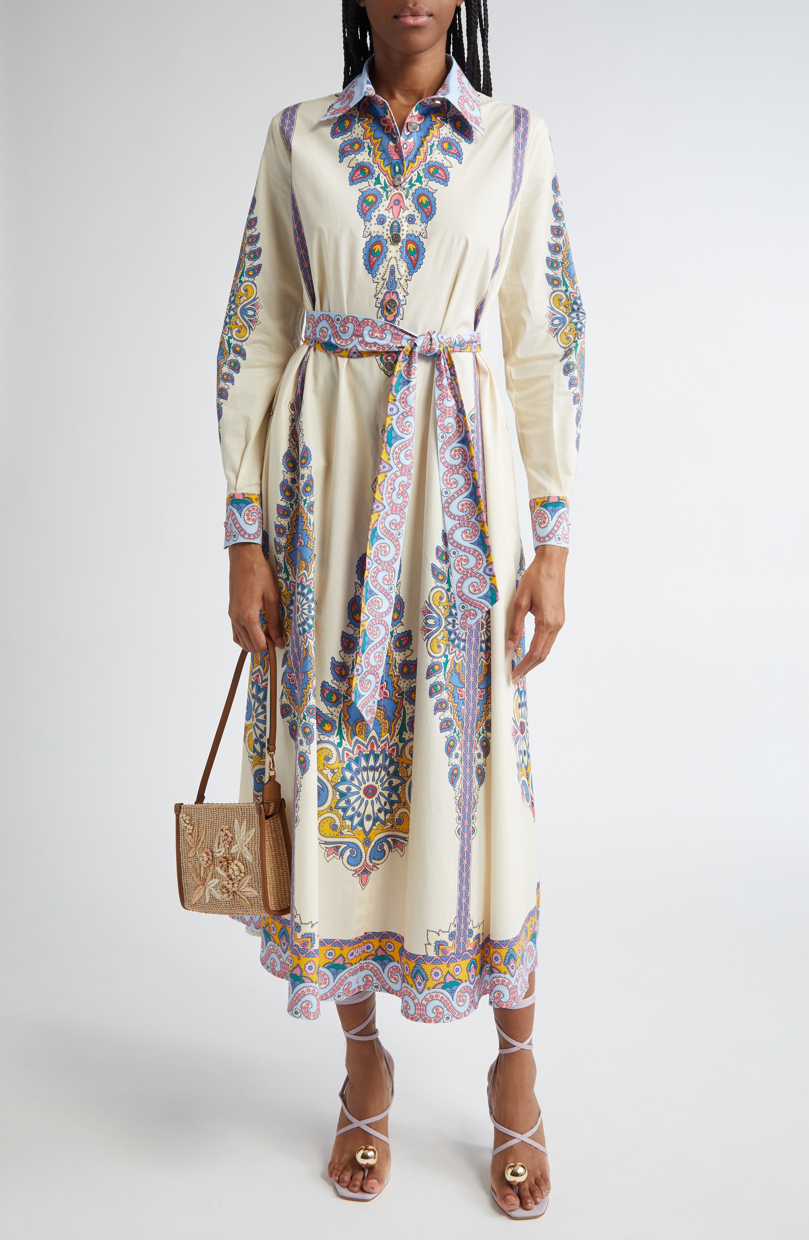 Etro Paisley Print Long Sleeve Belted Stretch Cotton Shirtdress in Stampa F.do Bianco at Nordstrom - 1