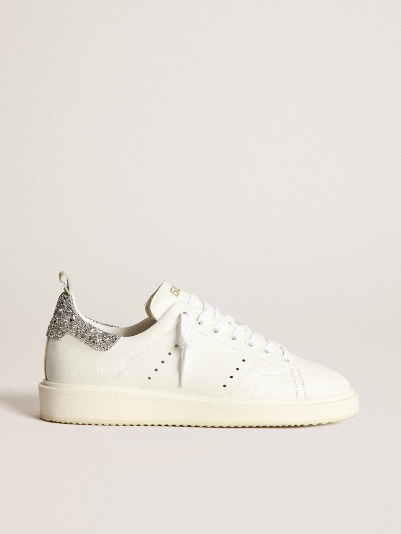 Starter sneakers in white leather with silver glitter heel tab - 1
