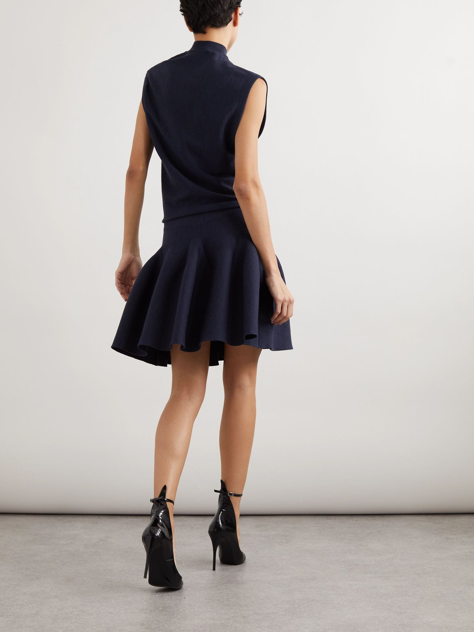 Pleated wool-blend mini dress Navy - 3