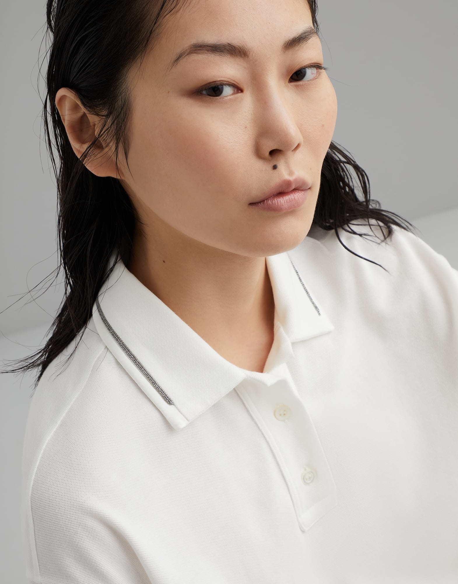 Cotton piqué polo shirt with shiny collar trim - 3