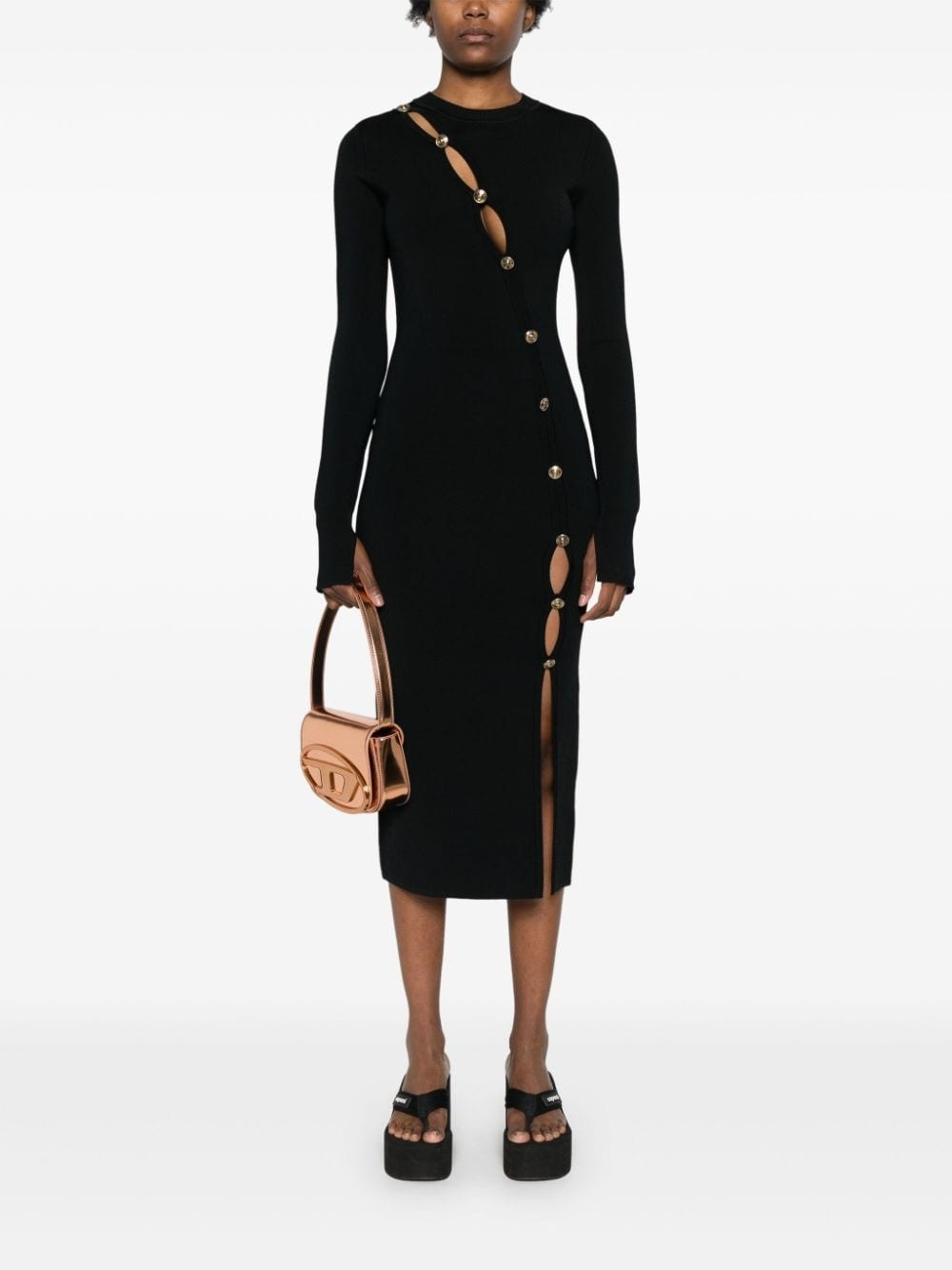 decorative-buttons knitted midi dress - 2