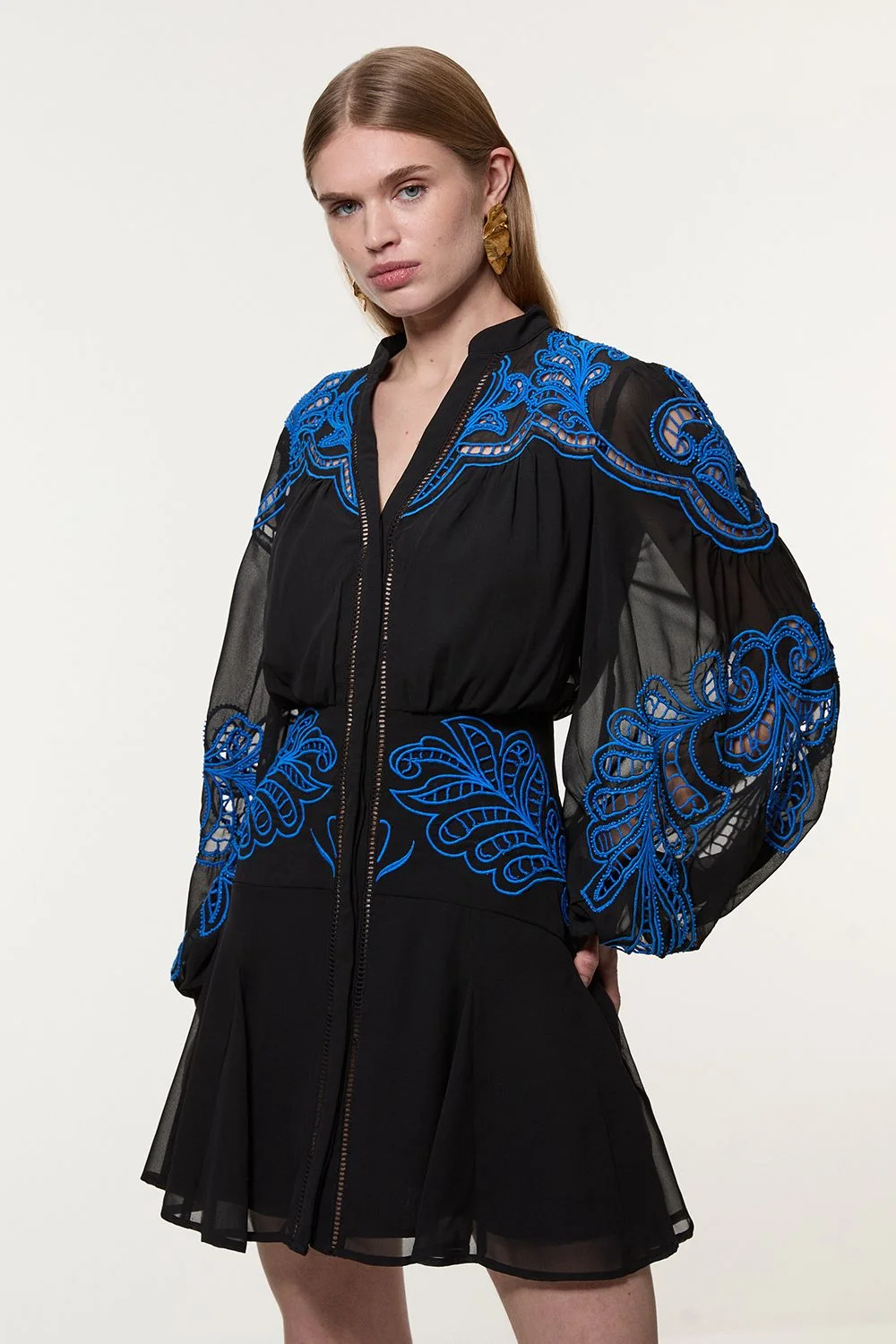 Cutwork Beaded Embroidered Woven Mini Dress - 1