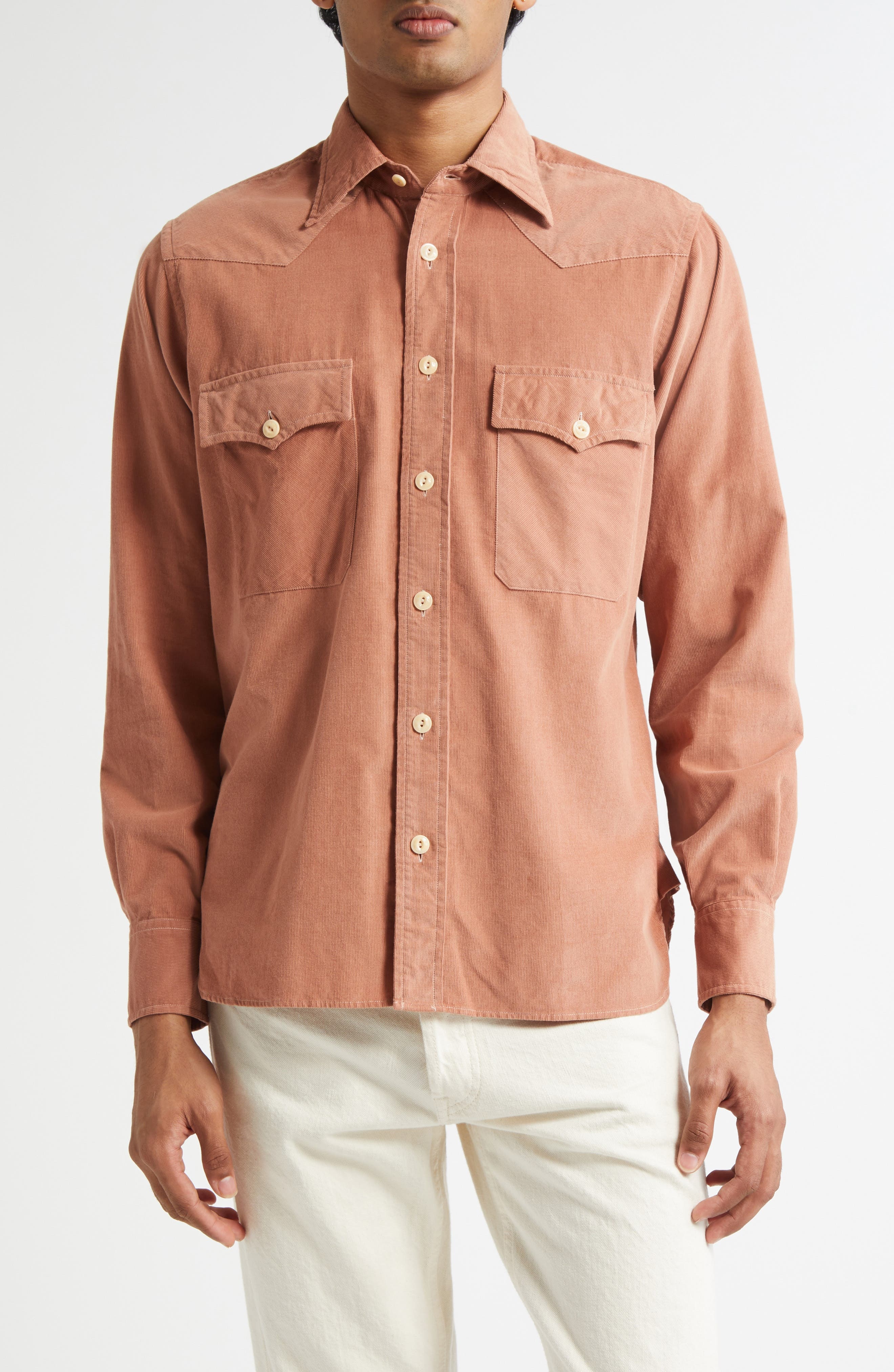 Drake's Cotton Needlecord Western Shirt in 990 Washed Pink at Nordstrom - 1