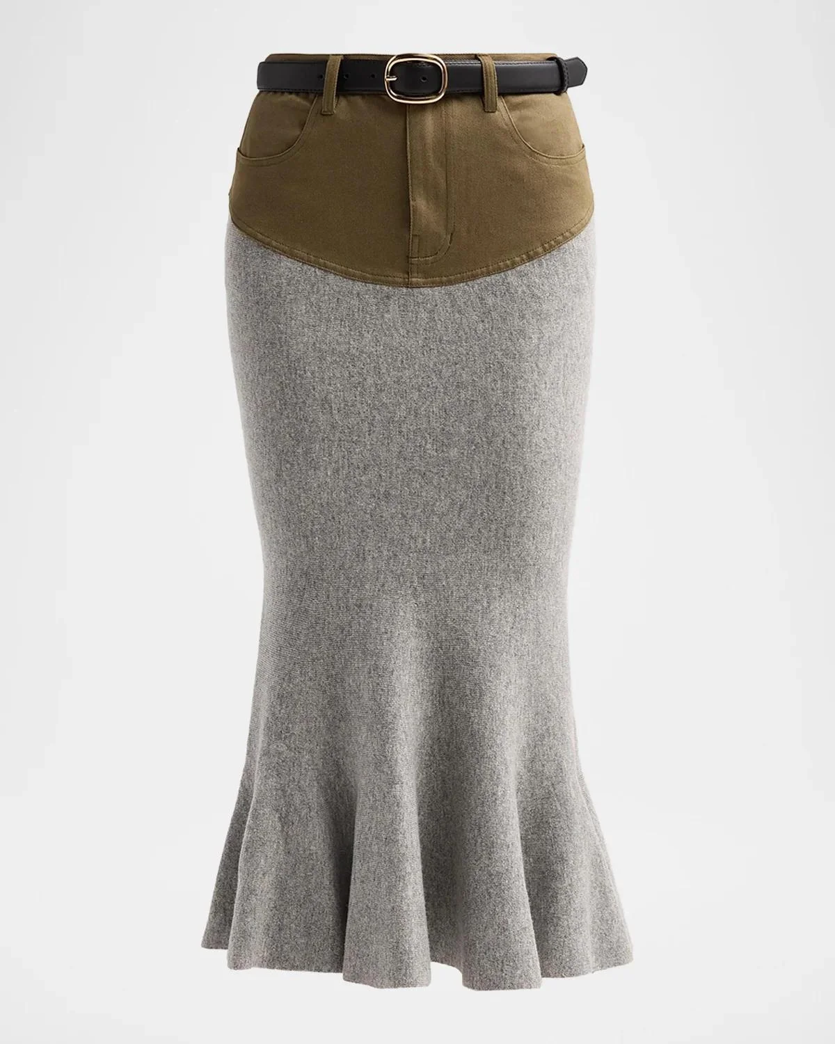 Denim-Insert Knit Midi Skirt - 1