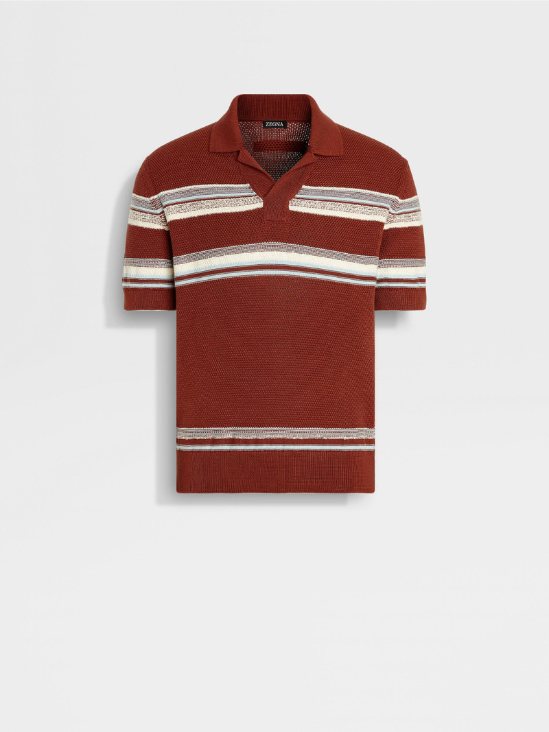 BRICK RED LIGHT BLUE AND WHITE COTTON AND SILK POLO SHIRT 1