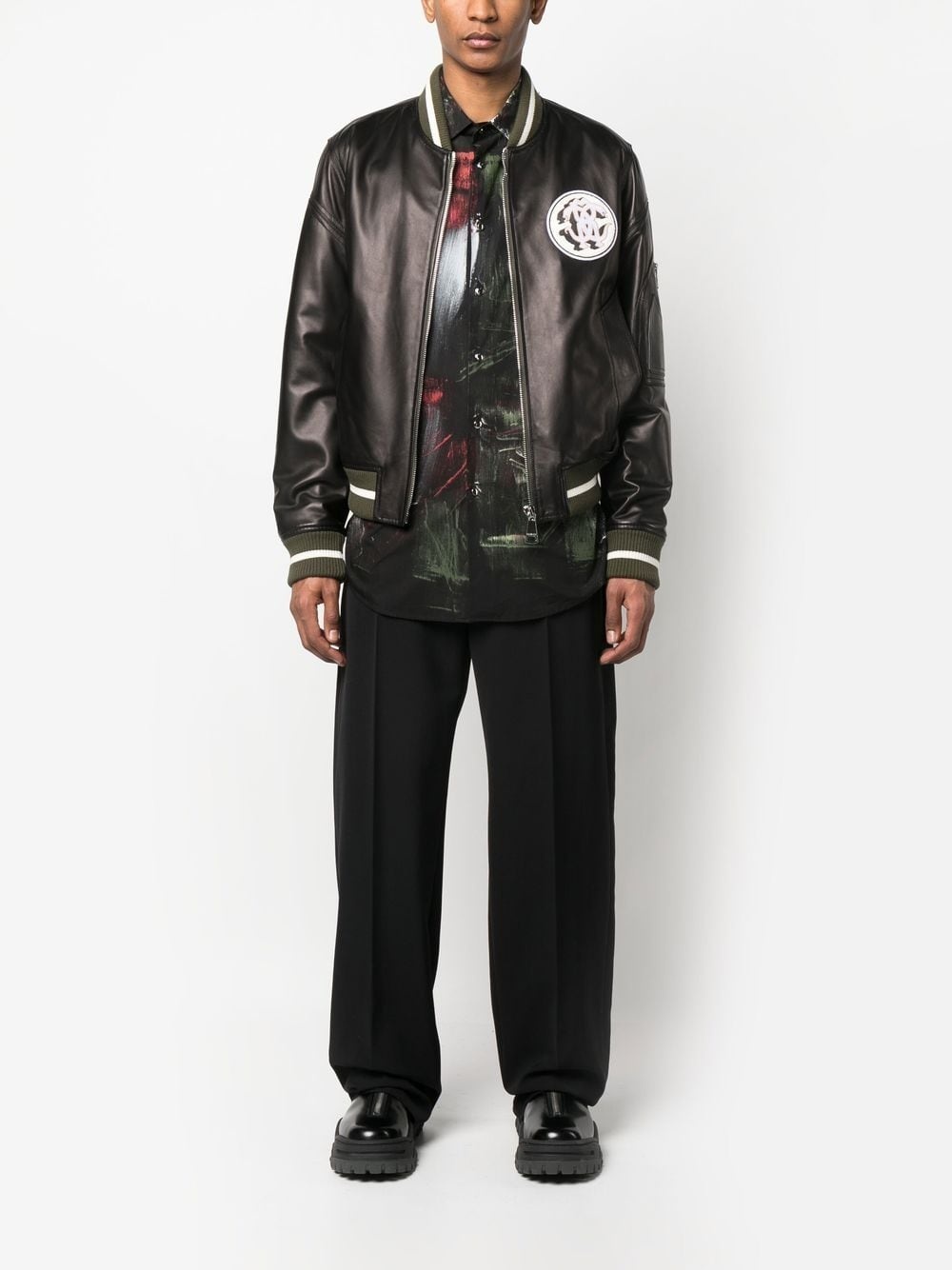 leather monogram-patch bomber jacket - 2