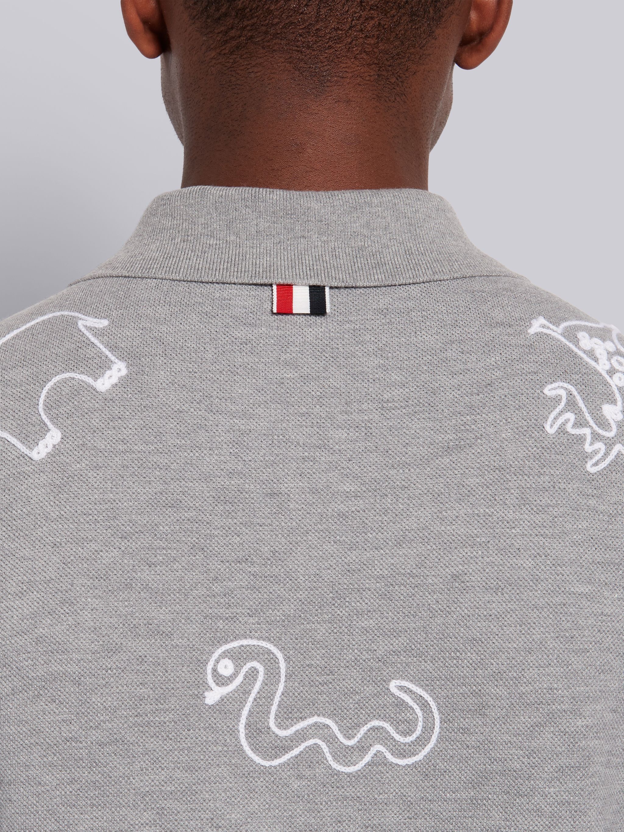 Light Grey Cotton Pique Multi-Animal Icon V-Neck 4-Bar Polo - 6