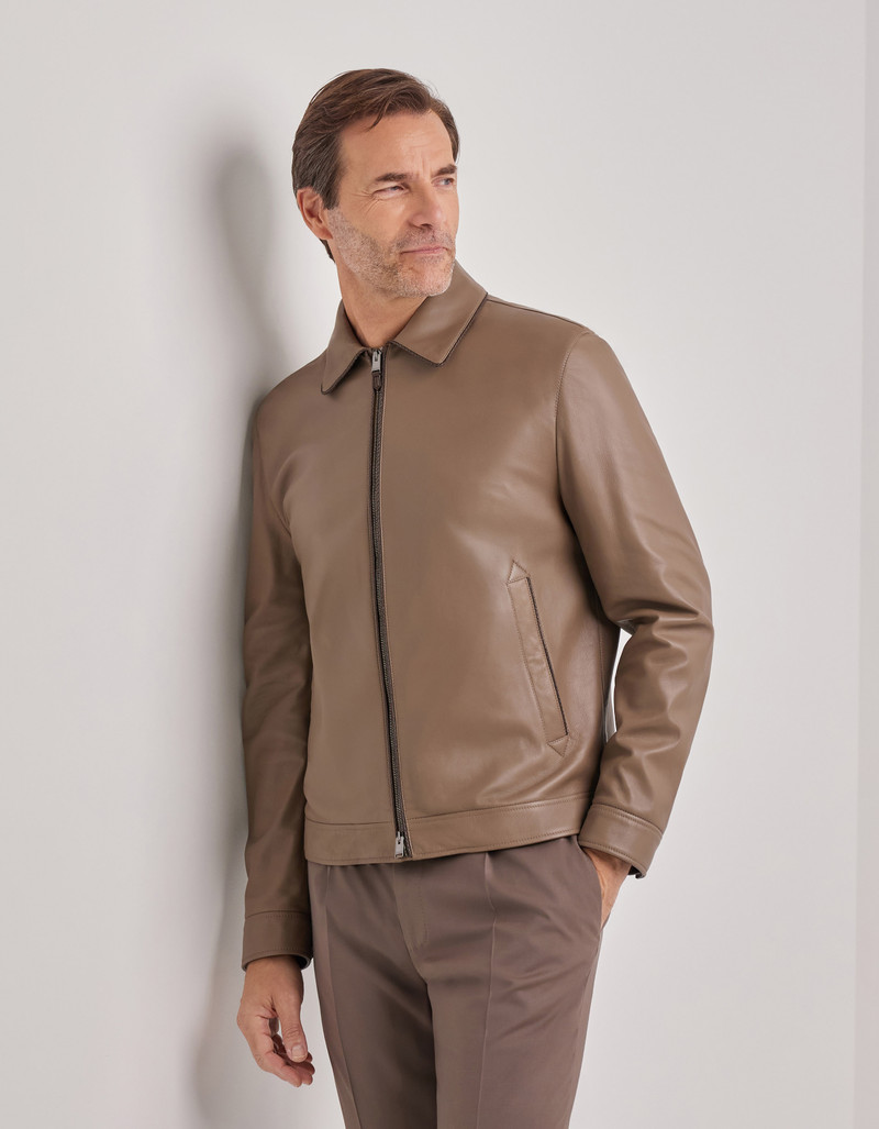 CARAMEL MIXED-MATERIAL ULTRALIGHT SUEDE BOMBER JACKET WITH KNIT INSERTS 252