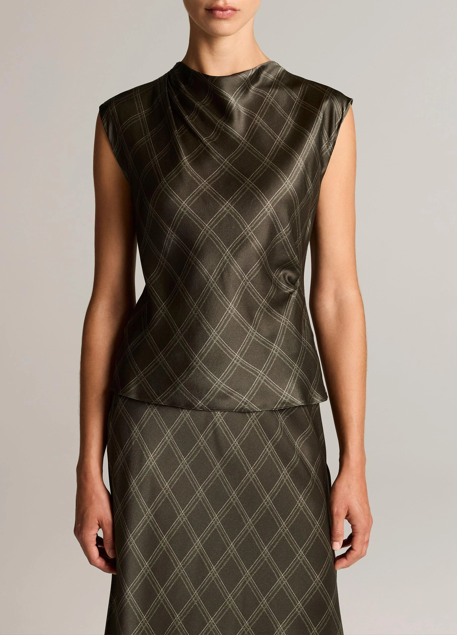 Diamond Plaid Silk Draped Cowl-Neck Top - 1