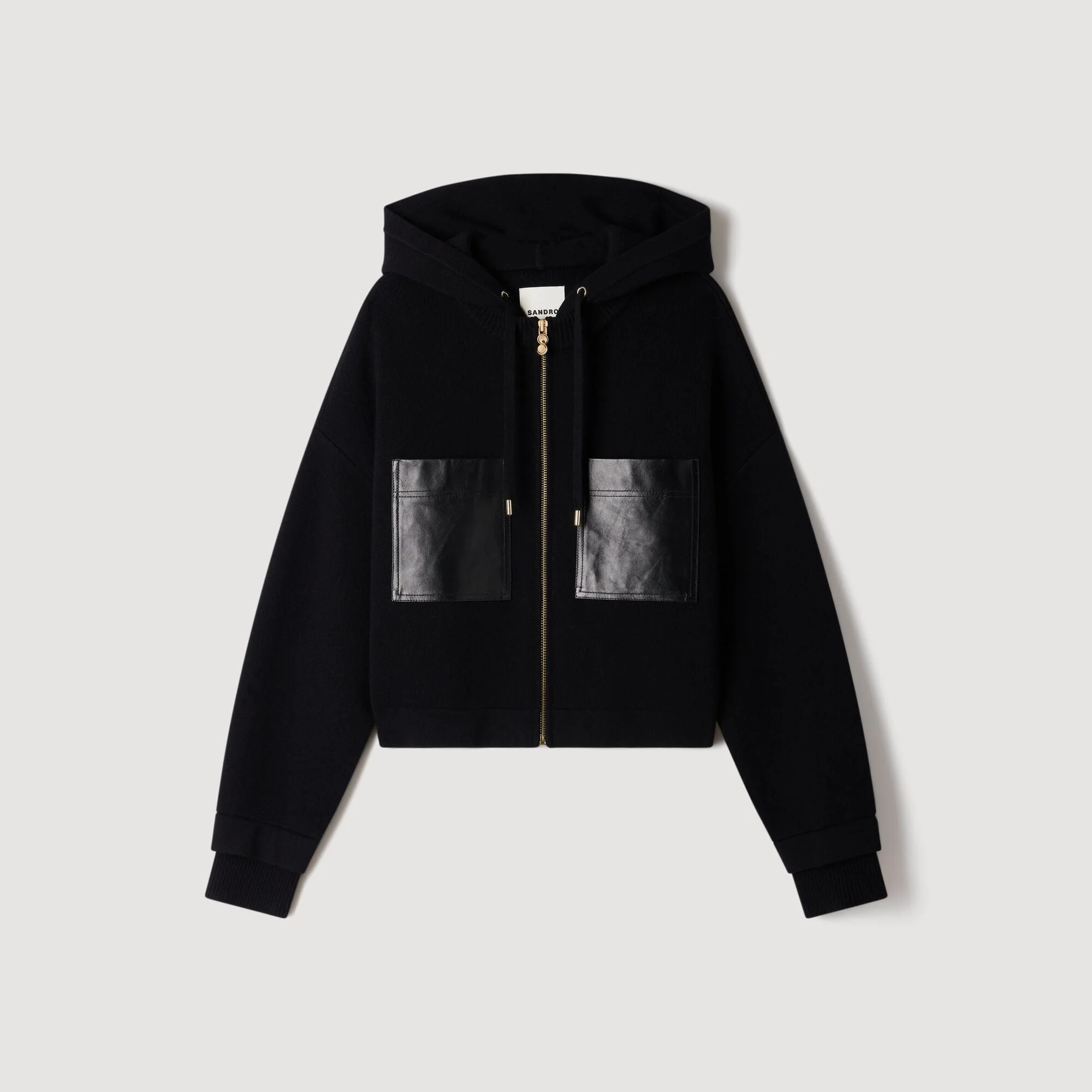 HOODED CARDIGAN WITH LEATHER TRIM - 1