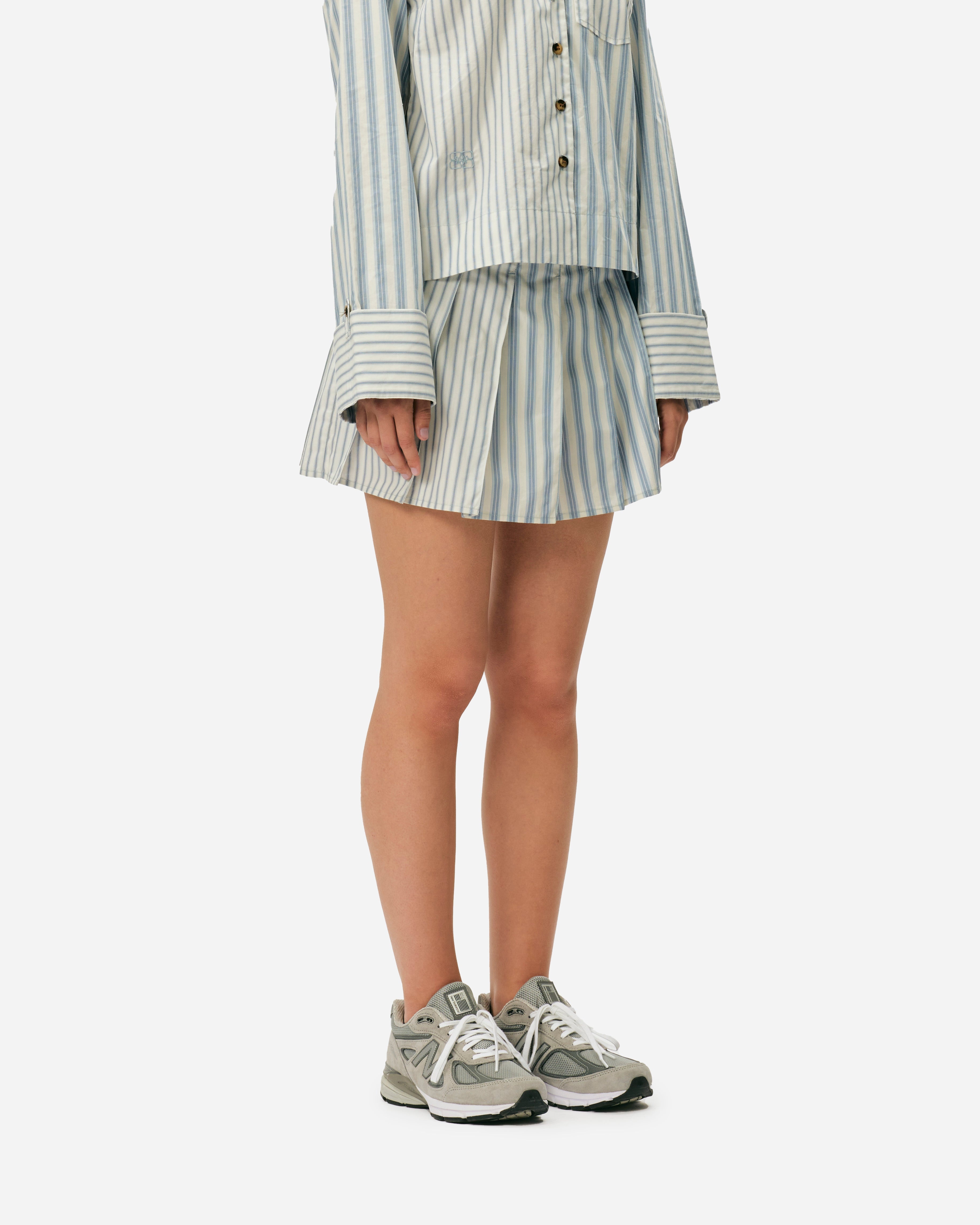 Stripe Cotton Pleated Mini Skirt - 4