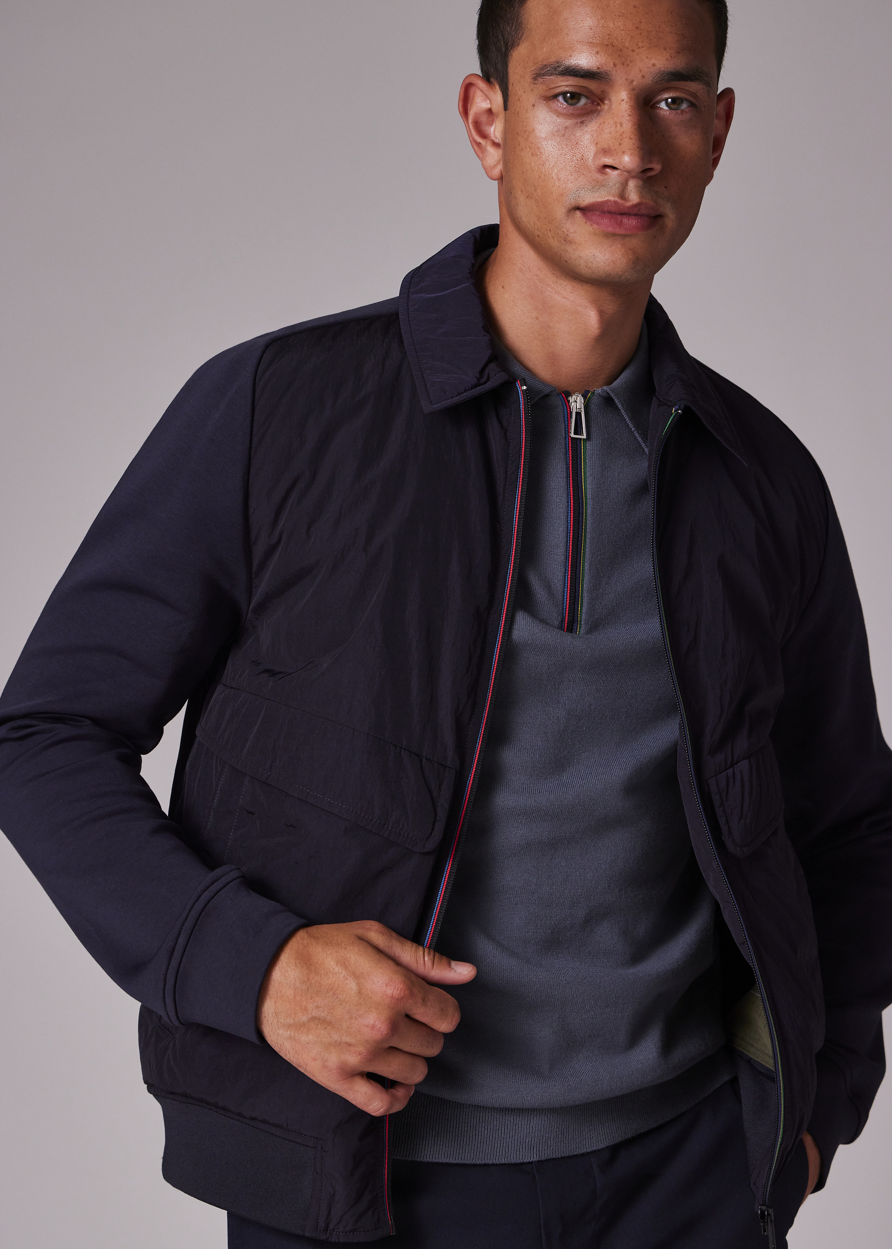 Navy Recycled-Nylon Mixed Media Short Jacket - 6