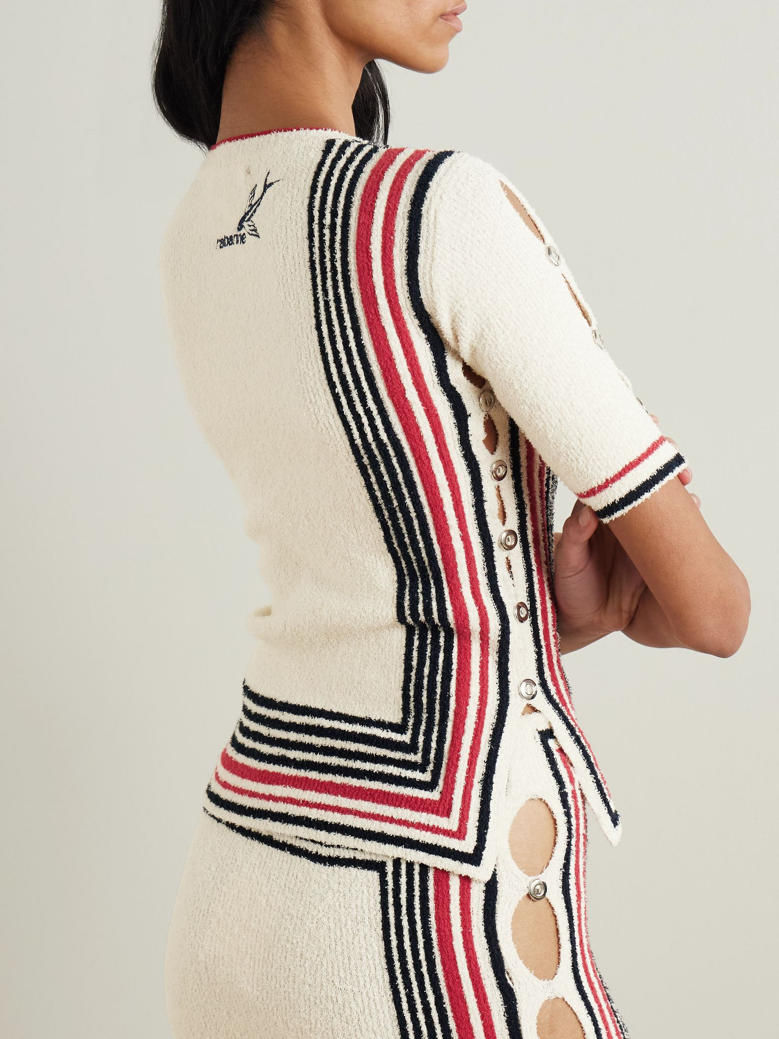 Button-embellished striped cotton-blend chenille sweater Off-white - 3
