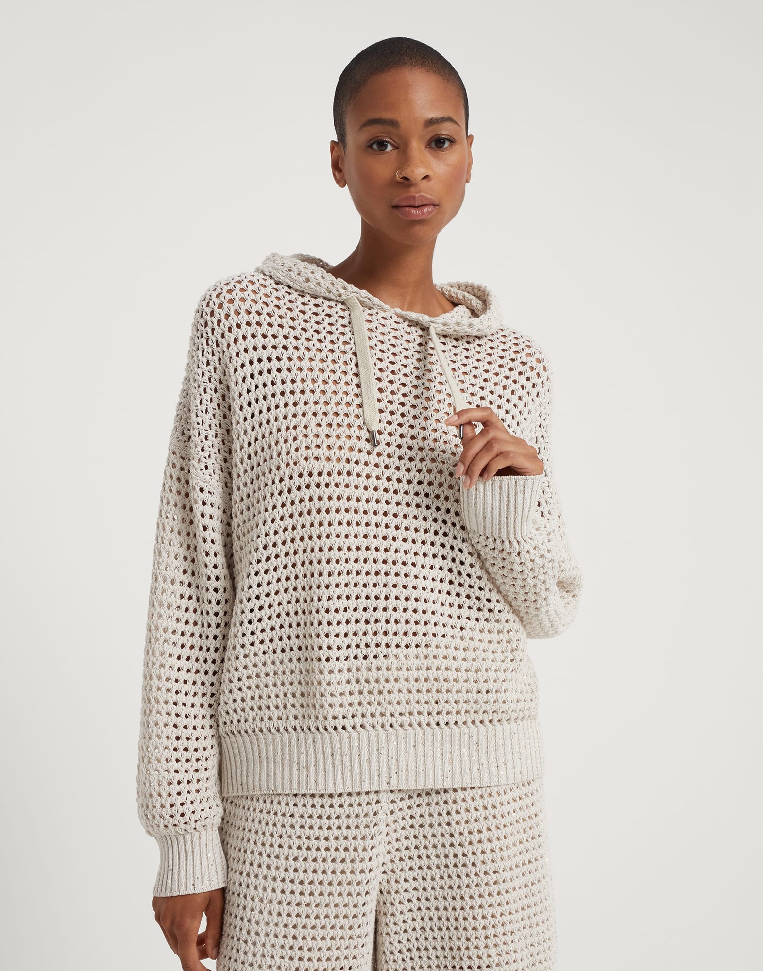 Cotton dazzling net hooded sweater - 1