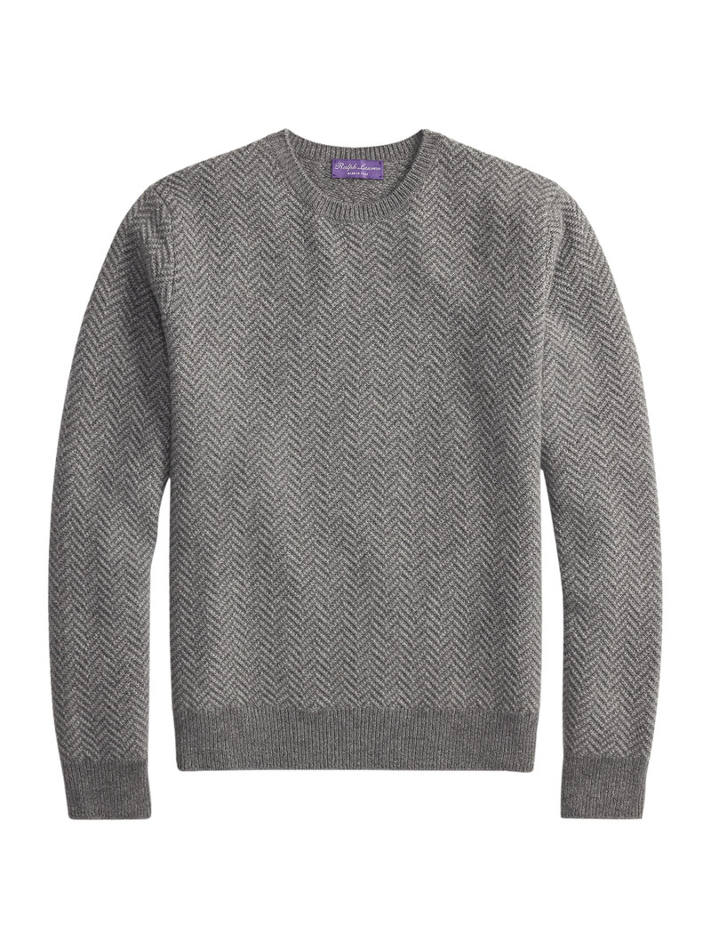 Men's Textured Herringbone Cashmere Sweater - Grey Melange 1