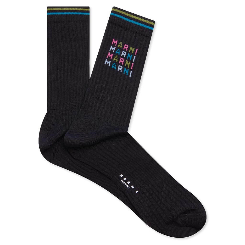 BLACK RIBBED COTTON SOCKS WITH MULTICOLOURED LOGOS- BLACK - 1